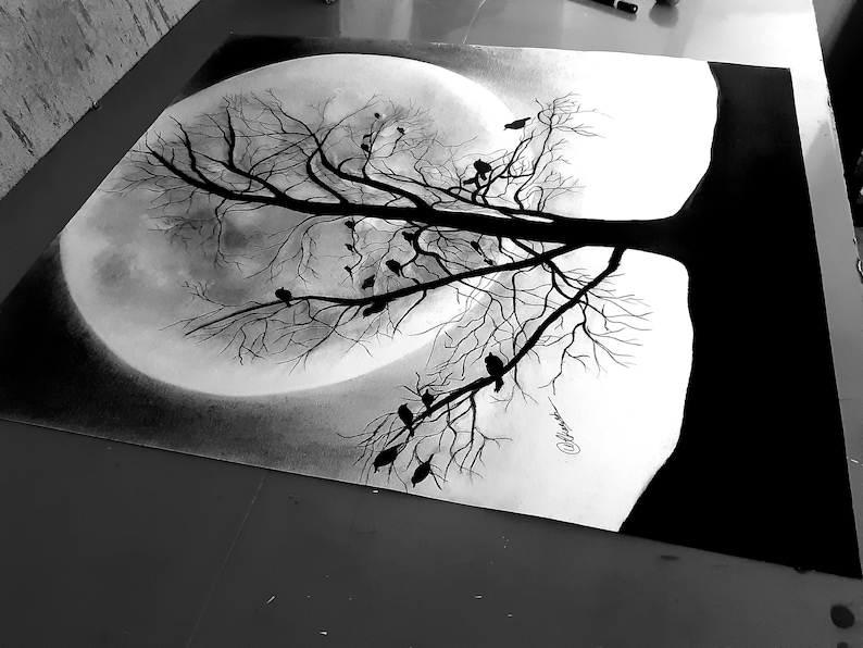 Wall decor Realistic Graphite Drawing Best Gift Idea Real Painting Tree with Moon Landscape Scenery Original pencil drawing