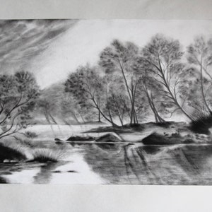 Original Landscape Charcoal Drawing Landscape Painting Lowcountry View Original Antique Landscape Scenery Nature Forest Sketch Art image 1