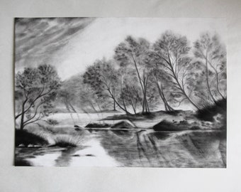 Original Landscape Charcoal Drawing | Landscape Painting | Lowcountry View | Original Antique Landscape Scenery Nature Forest Sketch Art