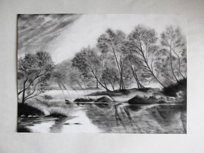 Original Landscape Charcoal Drawing Landscape Painting Lowcountry View Original Antique Landscape Scenery Nature Forest Sketch Art image 1