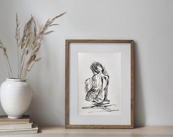 Seated Figure Charcoal Sketch – Original Handmade Drawing, Small Wall Art A5, Expressive Figure Sketch, Contemplative Woman Art, Unique gift