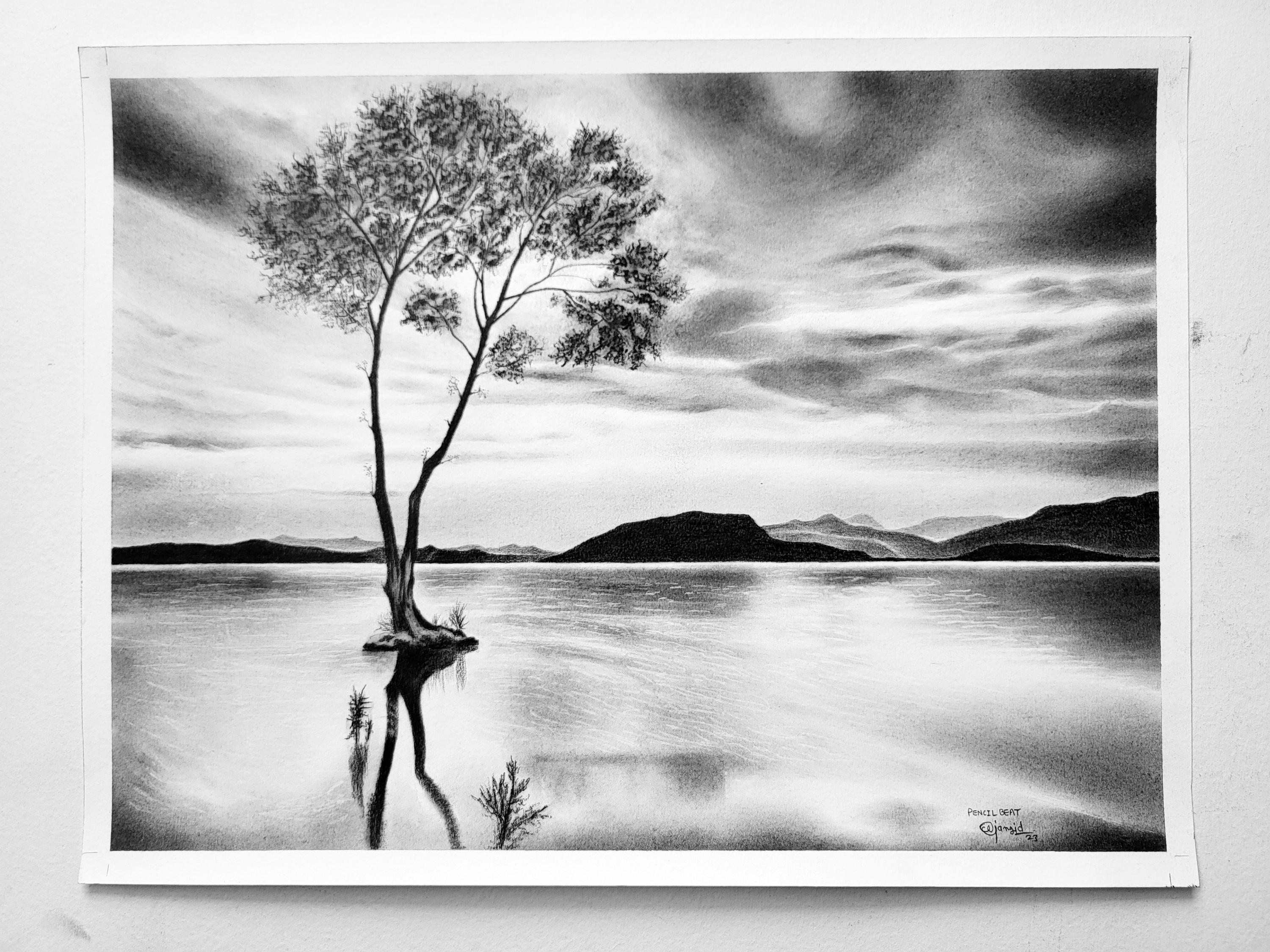 オリジナルの鉛筆風景画 – 静かな湖と一本の木、手作りの自然壁アート