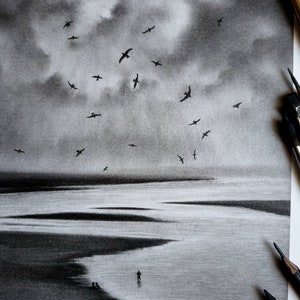 Fine art / hand painted charcoal / charcoal dust / flying birds/ landscape/ clouds/ stormy sky/ sea/ rest time/ beautiful scenery / Digital image 5