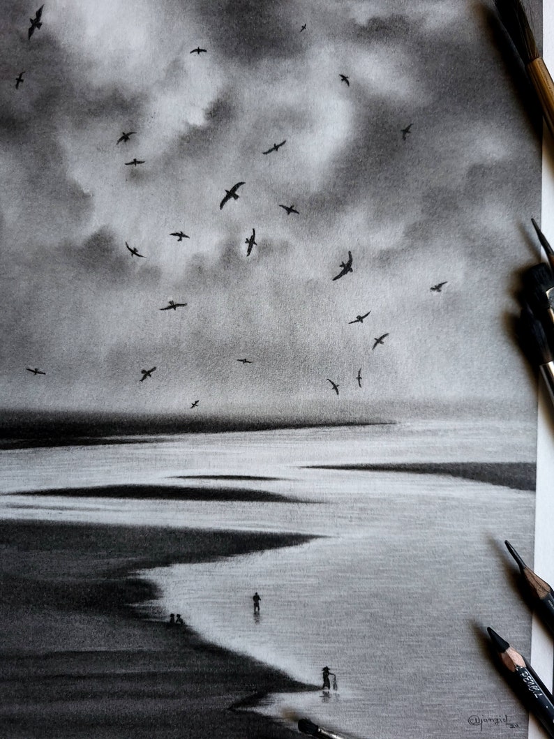 Fine art / hand painted charcoal / charcoal dust / flying birds/ landscape/ clouds/ stormy sky/ sea/ rest time/ beautiful scenery / Digital image 5