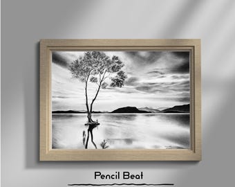 オリジナルの鉛筆風景画、手作りの自然壁画、静かな湖の風景、一本の木