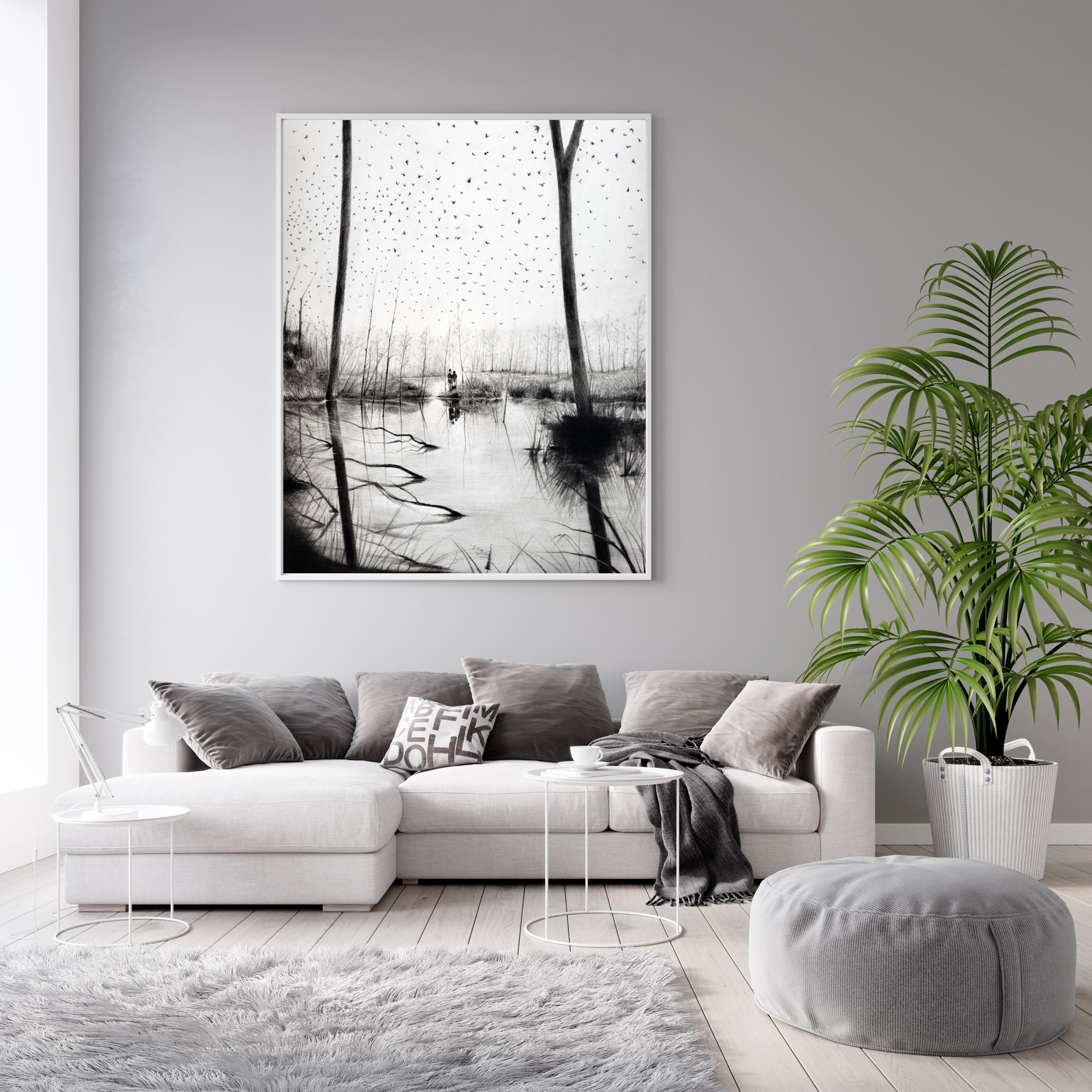 Large Forest Birds Wall Art Pencil Countryside Drawing- Foggy Woodland Lake Scene, Minimalist Living Room Art