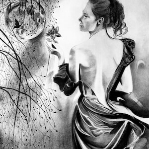 Handmade Charcoal Drawing – Elegant Woman Under Moonlight, Floral Fine Art, Romantic Figurative Artwork, Gift