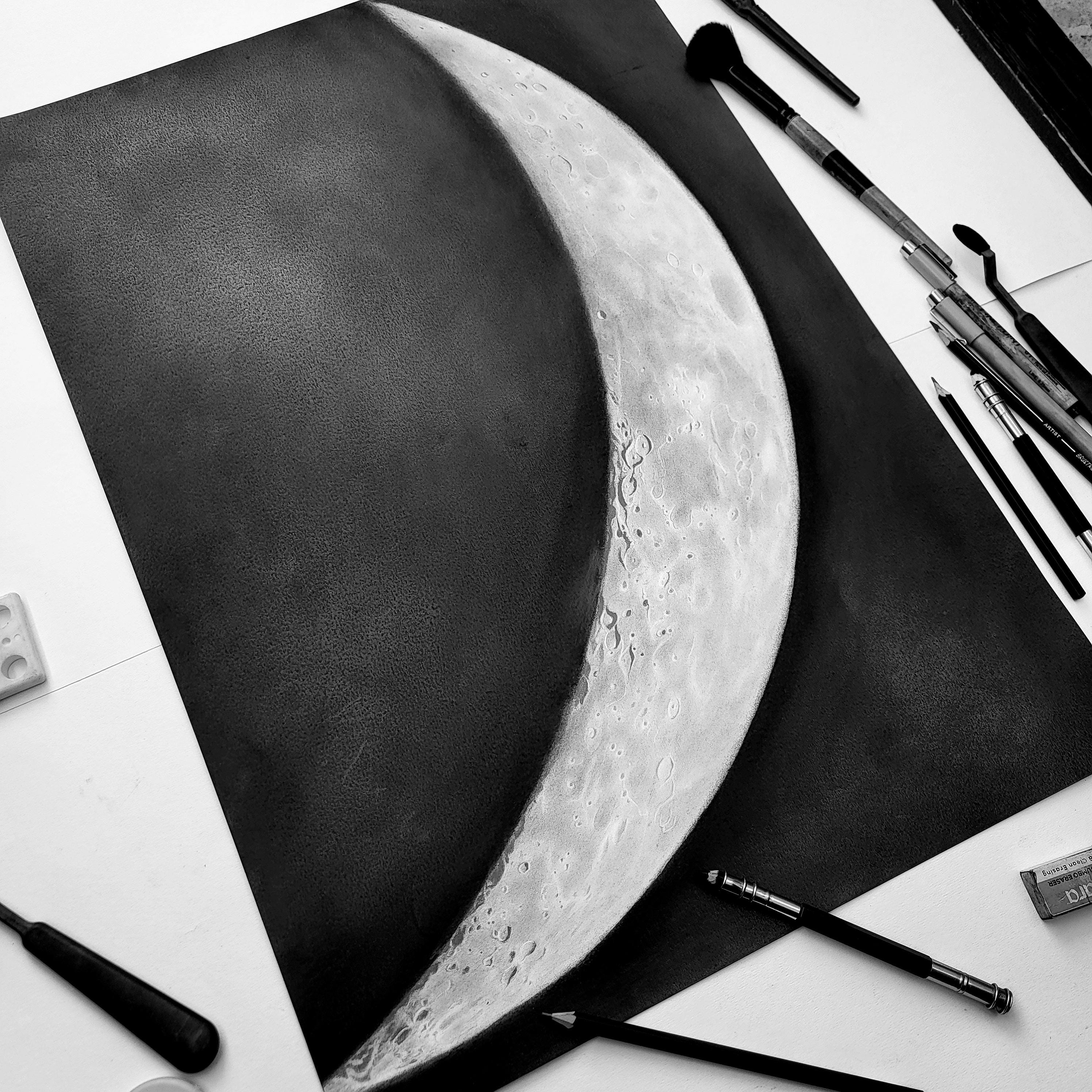 Crescent Moon Pencil Drawing Handmade Celestial Night Sky Graphite Art