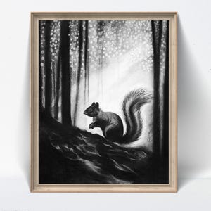 May include: A black and white charcoal drawing of a squirrel sitting on a dark, textured forest floor. The squirrel is positioned in profile against a backdrop of tall, vertical tree trunks and dappled light filtering through the canopy above.