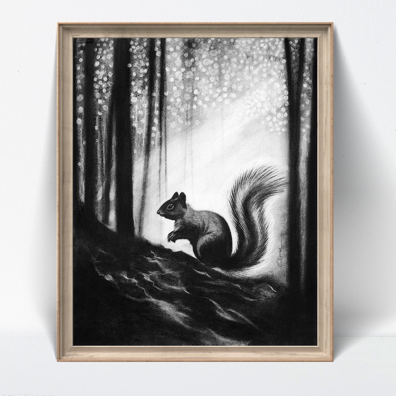 May include: A black and white charcoal drawing of a squirrel sitting on a dark, textured forest floor. The squirrel is positioned in profile against a backdrop of tall, vertical tree trunks and dappled light filtering through the canopy above.