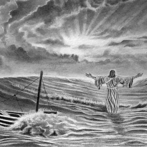 Disegno a carboncino fatto a mano – Gesù che cammina sull&#39;acqua – Decorazione murale cristiana, opera d&#39;arte biblica, regalo