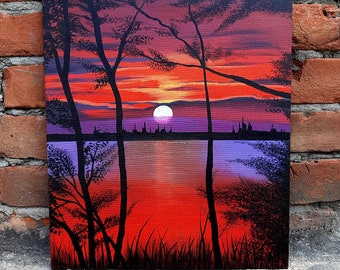 Sunset Canvas Acrylic Color Original Painting, Sunset Wall art, Landscape Canvas Painting, Riverside Landscape Artwork On Canvas por CL