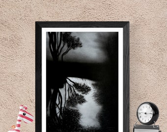 Mysterious dark | blackandwhite | forest night sky | lake view | Original drawing | trees in water | shadow, peaceful | Printable | Download