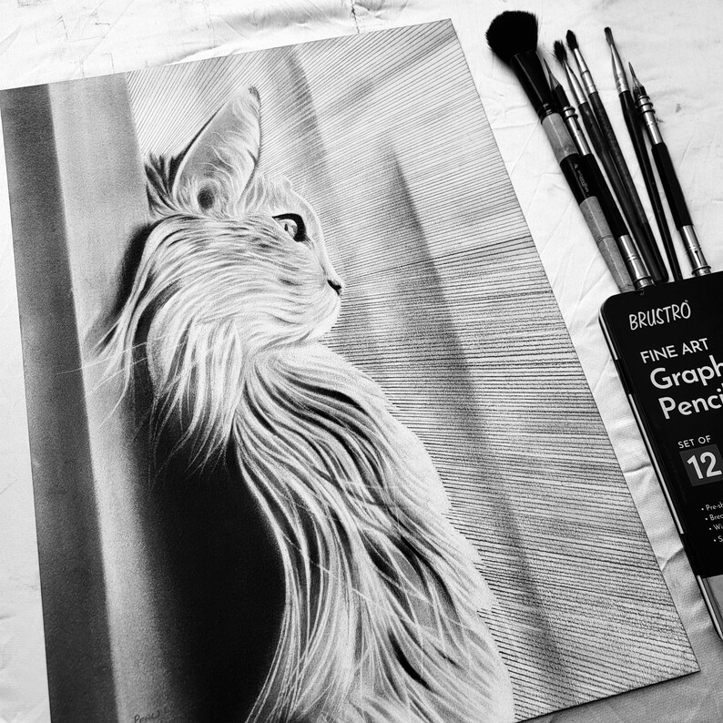 以下が含まれることがあります： 右を見ている猫の白黒鉛筆画。猫は細かい線とディテールで描かれている。絵は白い背景である。