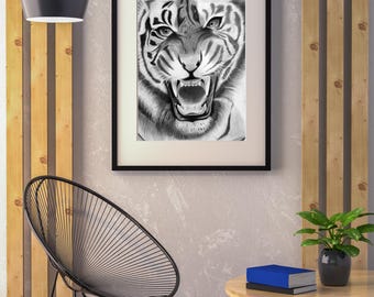 オリジナルの虎の鉛筆画 – 野生動物アート、サイン入り（額装済み、14