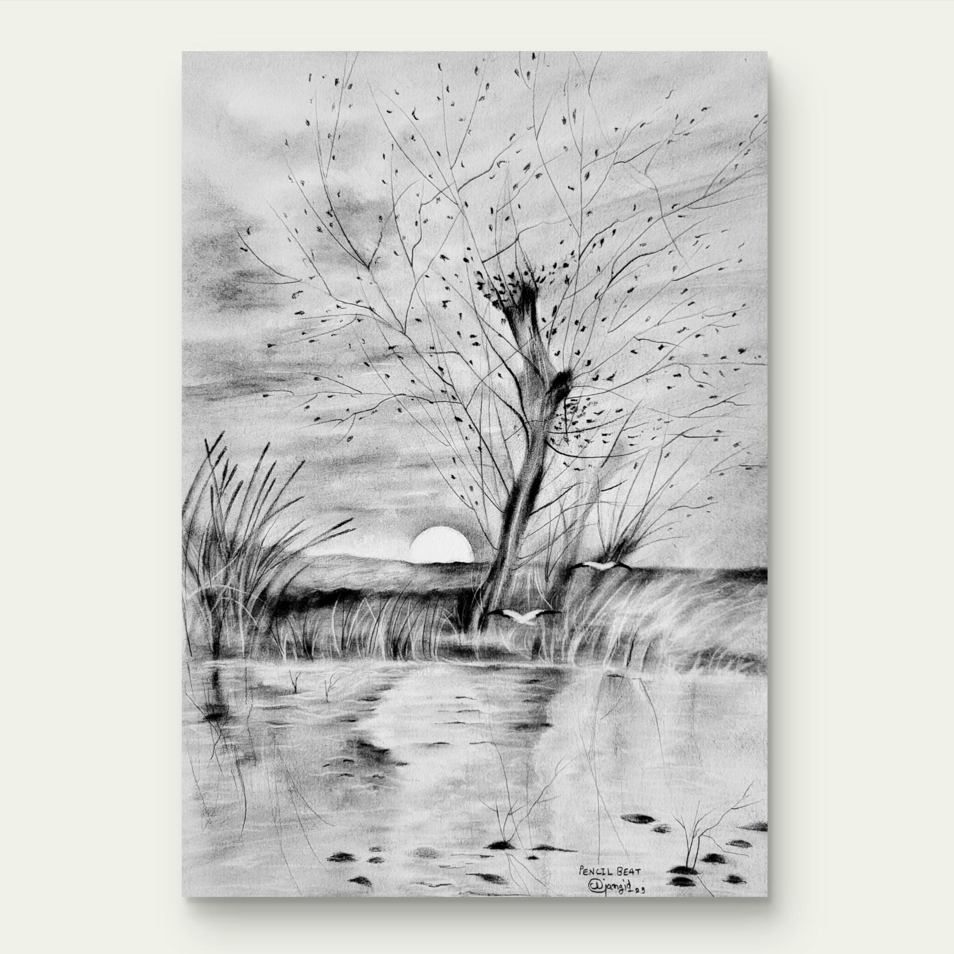 秋の夕日の鉛筆画、自然風景画、鳥と川の風景、手作りのオリジナル
