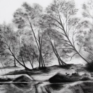 Original Landscape Charcoal Drawing Landscape Painting Lowcountry View Original Antique Landscape Scenery Nature Forest Sketch Art image 2