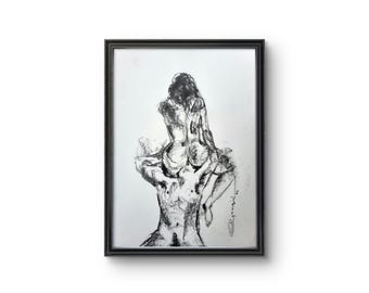 Original Intimate Couple Drawing, Expressive Graphite Figure Art, Handmade Romantic Wall Decor, A5