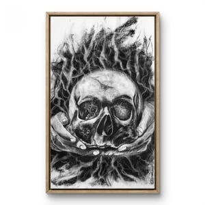 Disegno a carboncino del teschio – Teschio umano fumoso con mani, ragazza nell'occhio, sigaretta e vino – Arte murale gotica macabra, Arte murale oscura e inquietante,