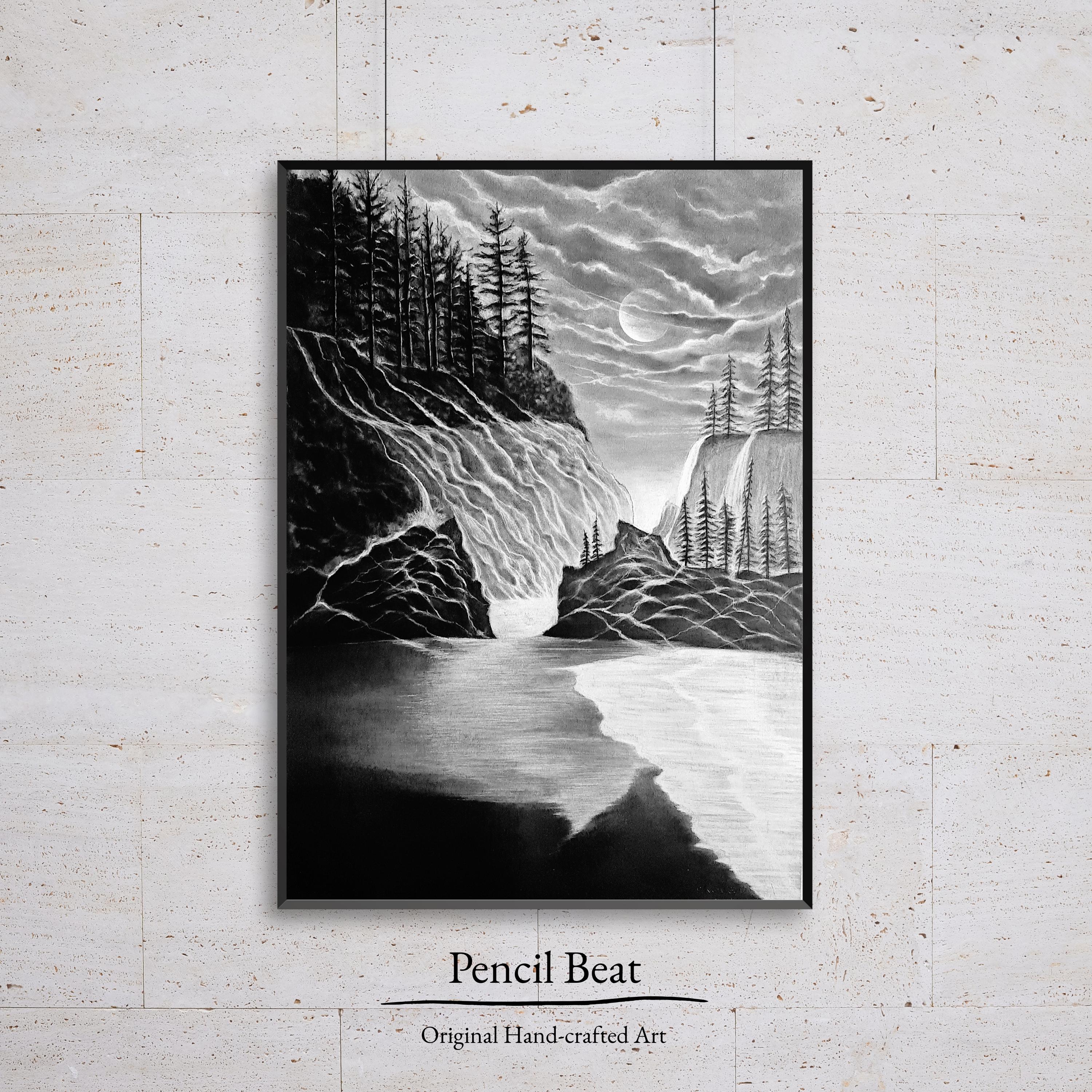 Original Moonlit Mountain Valley Graphite Drawing, 18x24 Landscape