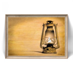 Disegno di lampada a cherosene a carbonella / Lampada a olio spirituale da parete / Schizzo di lanterna rustica / Decorazione tradizionale / Opera d'arte luminosa vintage fatta a mano