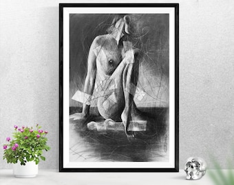 Emotional Sensual Woman Charcoal Painting – Abstract Female Figure Art, Sensual Feminine Wall Decor, Powerful Woman Artwork, Original Art