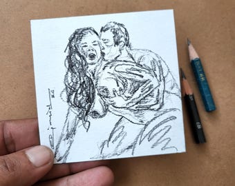 3x3 Inch Original Graphite Intimate Embrace Sketch, Handmade Romantic Miniature Art, Tiny Love Gift