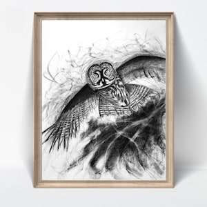 Disegno a carboncino ORIGINALE di un gufo grigio in volo - Arte della fauna selvatica fatta a mano / Decorazione murale per amanti della natura / Arte rustica per la casa / Regalo per uccelli della foresta