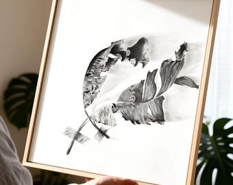 Può includere: Un'opera d'arte da parete quadrata incorniciata che presenta un disegno a carboncino in bianco e nero di due foglie essiccate e arricciate. Le foglie sono raffigurate con ombreggiature e texture realistiche, come se fossero incollate sul foglio.