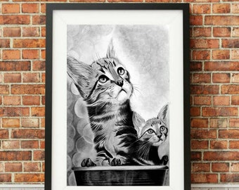 オリジナルの猫と子猫の鉛筆画、手作りのペットの肖像画、リアルな動物の壁アート、家の装飾ギフト、A3