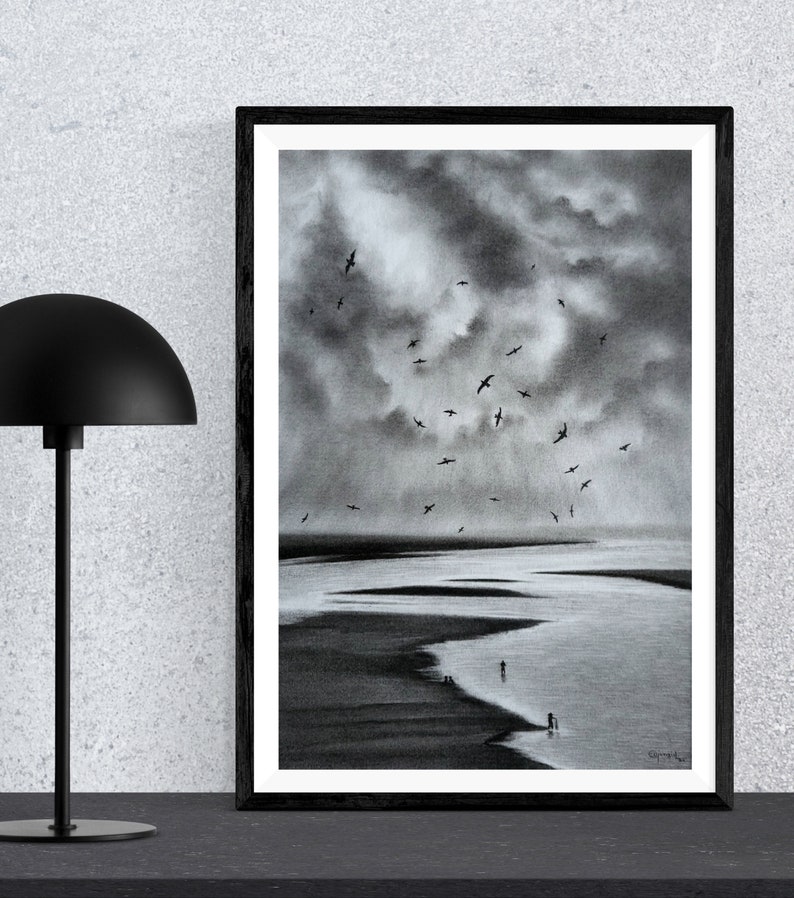Fine art / hand painted charcoal / charcoal dust / flying birds/ landscape/ clouds/ stormy sky/ sea/ rest time/ beautiful scenery / Digital image 2