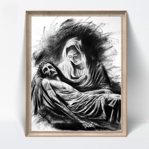 Virgin Mary & Jesus Charcoal Pietà Drawing Handmade Original Christian Wall Art – NOT PRINT