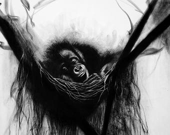 Baby Gorilla Charcoal Drawing Original – Handmade Jungle Animal Art, Wildlife Wall Decor for Kids Room, NOT PRINT