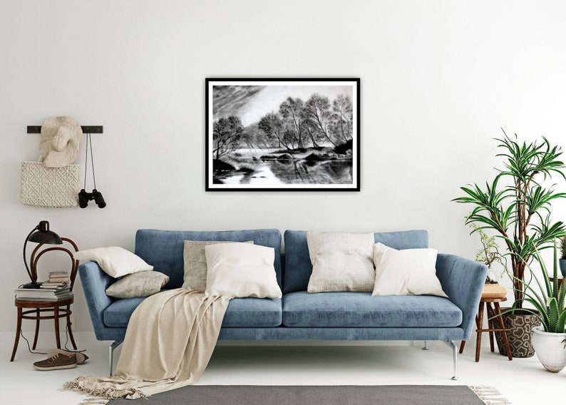 Original Landscape Charcoal Drawing Landscape Painting Lowcountry View Original Antique Landscape Scenery Nature Forest Sketch Art image 7