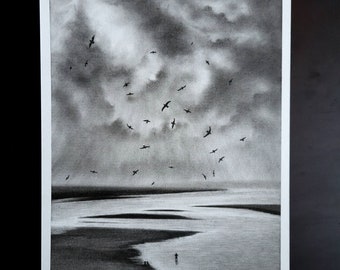 Fine art, hand painted charcoal, charcoal drawing, flying birds, landscape, clouds, stormy sky, sea, rest time, beautiful scenery.