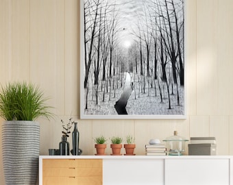 Original Misty Forest Pure Charcoal Drawing, No Pencil Used, Freehand Blended Woodland Landscape Art, Nature Wall Decor