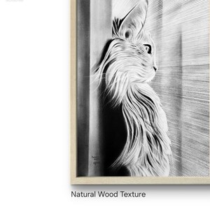 以下が含まれることがあります： 窓の外を見ている猫の白黒鉛筆画。猫は長毛のメインクーンです。絵は自然な木のフレームで額装されています。