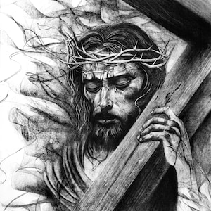 Charcoal Jesus Carrying the Cross Original Handmade Christian Art Home Decor – NOT PRINT