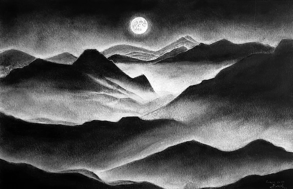 Moonlit Mountain Charcoal Drawing – Original Handmade Landscape
