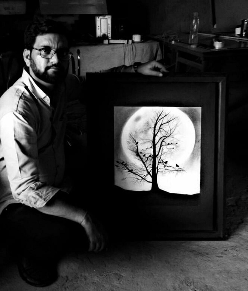Wall decor Realistic Graphite Drawing Best Gift Idea Real Painting Tree with Moon Landscape Scenery Original pencil drawing