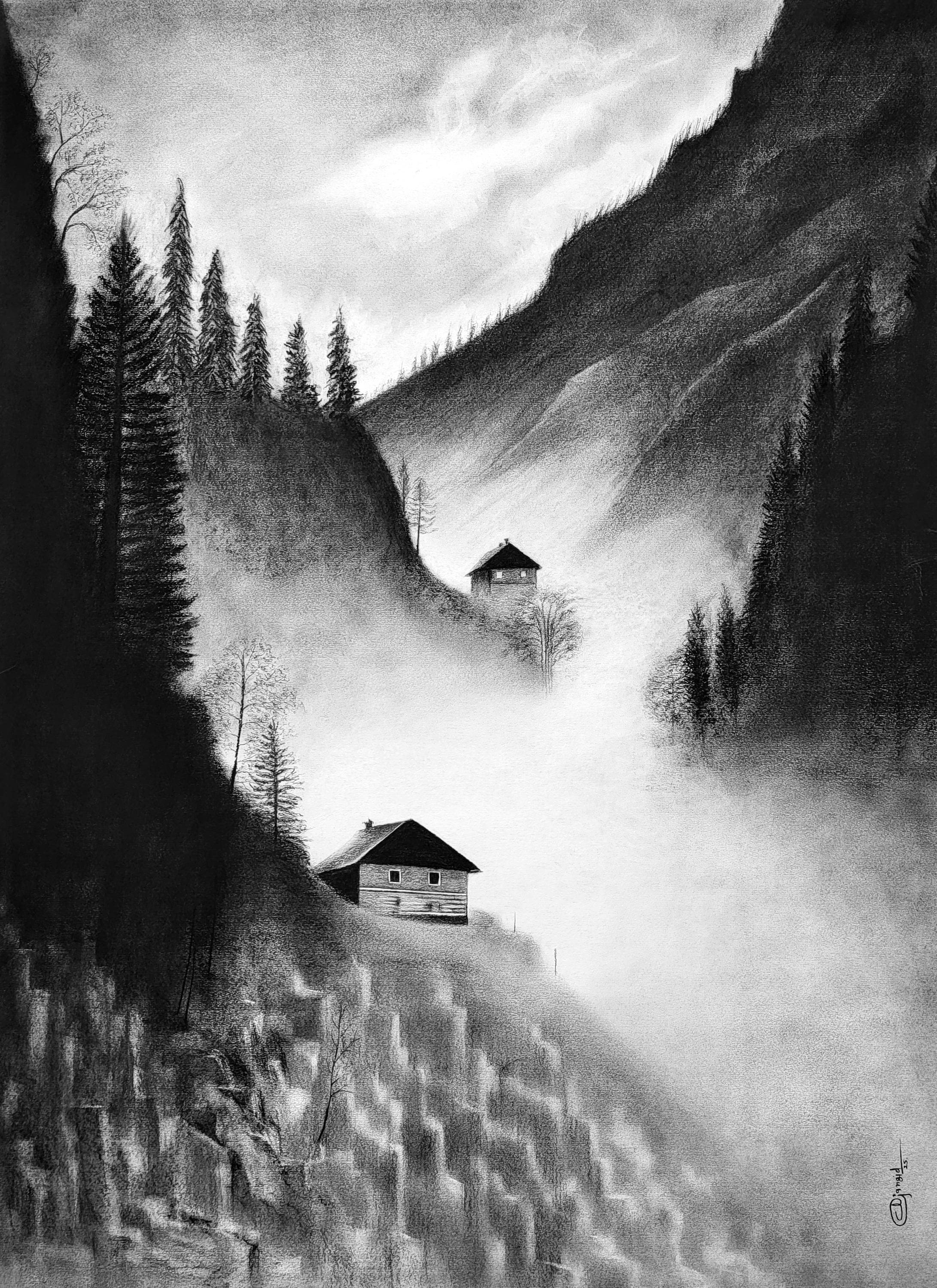 Original Charcoal Misty Mountain Valley Drawing, Hand-drawn