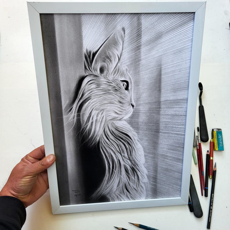 手作りの猫の肖像画：リアルな鉛筆画、カスタムペット、壁飾り 画像 9