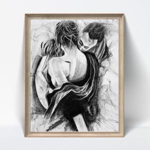 Romantic Couple Embrace – Original Handmade Charcoal Drawing, Passionate Handmade Love Art – NOT PRINT