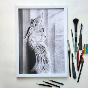 手作りの猫の肖像画：リアルな鉛筆画、カスタムペット、壁飾り 画像 10
