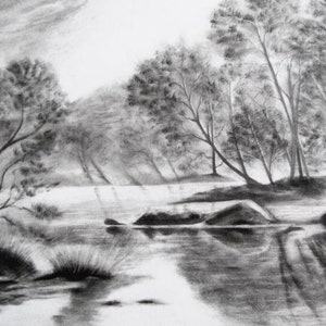 Original Landscape Charcoal Drawing Landscape Painting Lowcountry View Original Antique Landscape Scenery Nature Forest Sketch Art image 4