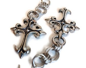 EVANGELINE Gorgeous Victorian Gothic Cross Trad Goth Dangle Drop Antiqued Silver Earrings