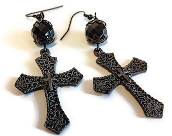 PITY PIETY Gothic Vampire Jet Black Gunmetal and Black Czech Glass Goth Dangle Drop Earrings