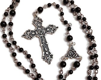 HELLEN Gothic Victorian Black Glass Ornate Rose Cross Rosary Chaplet Necklace Old School Goth