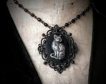 MY FAMILIAR Kitty Cat Gothic Witchy Cameo Jeweled Pendant Necklace with Black Rosary Chain