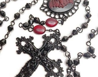NOCTURNE Gothic Victorian Vampire Bat Cameo with Jet Black Czech Glass Beads Rosary Layering Necklace